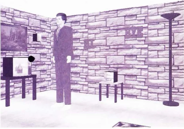 Figure 4.1: A sample scene from the virtual apartment.The television, stereo, HIsign, BYE sign, and lamp are all controllable items