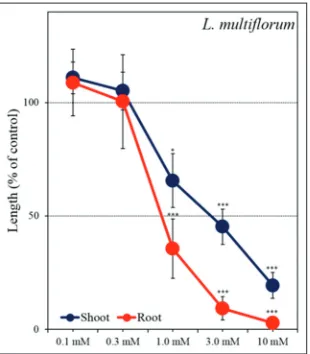 Fig 4. Effect of methyl caffeate on the root and shoot growth of L. sativum. Means ± SE from 2 independent experiments with 10 seedlings for each determination are shown