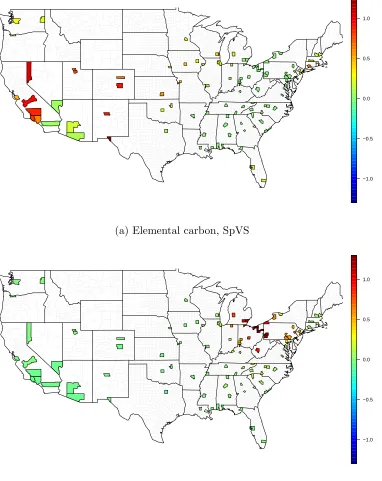 Figure 4.4:Estimated county-speciﬁc relative risk for an IQR increase in elemental carbon (a)and organic carbon (b) from the SpVS model.