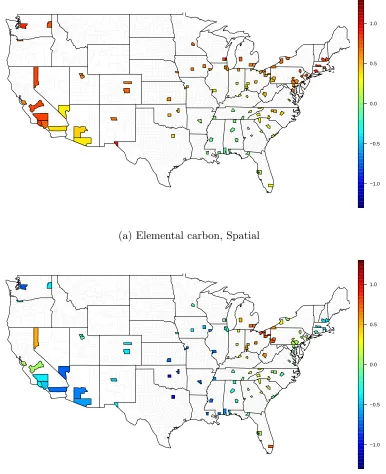 Figure 4.5:Estimated county-speciﬁc relative risk for an IQR increase in elemental carbon (a)and organic carbon (b) from the Spatial model.