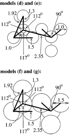 FIG. 2. Bond lengths, bond angles, and bead sizes for models �d� through�g�. Bonds propagate throughout the structure; at least one of each type isshown and labeled.