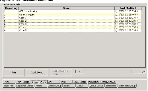 Figure 5-14 illustrates the Account Code tab. The functions on the Account Code tab are the same as those presented in the section entitled Agent tab