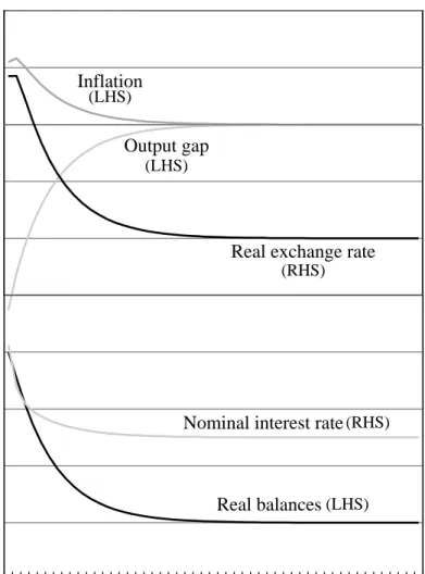 Figure 2: Twin Crises  dr* = 0.05, dr d  = 0.075,  α  = 0.5  -0.004-0.0020.0000.0020.004 0.2000.2020.2040.2060.208 -0.020-0.015-0.010-0.0050.000 0.0450.0470.0490.0510.053-0.020-0.015-0.010-0.0050.0000.0450.0470.0490.0510.053 Years(LHS)Inflation 50Output ga