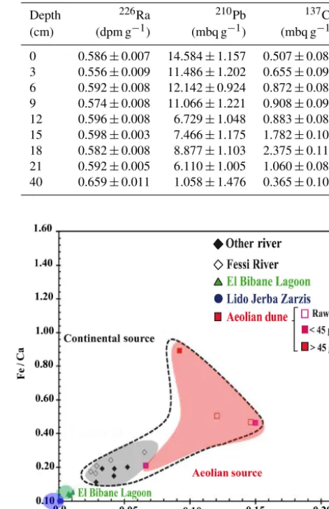Figure 9. Distribution of the investigated surface samples from thewatershed and the El Bibane Lagoon on a cross-plot of Fe / Ca ver-sus Ti / Ca.