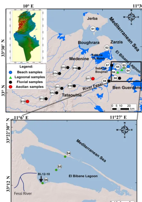 Figure 3. Location of the investigated surface samples from thecatchment basin and from the El Bibane Lagoon.