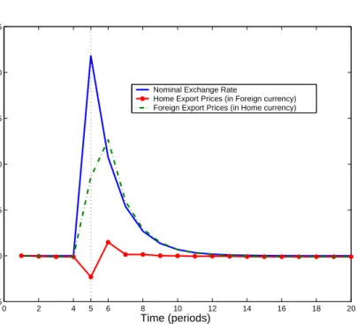 Figure 1: Asymmetric Response of Export Prices to a Home Money Shock (benchmark model, a t−1 = a ∗ t−1 = 1)