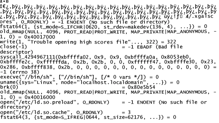 Fig. 5.1 Partial system call trace of Xgalaga exploit.