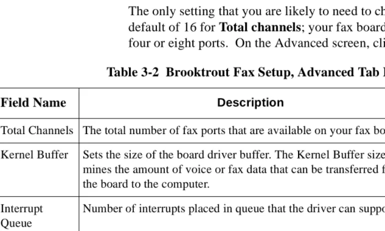 Table 3-2  Brooktrout Fax Setup, Advanced Tab Fields