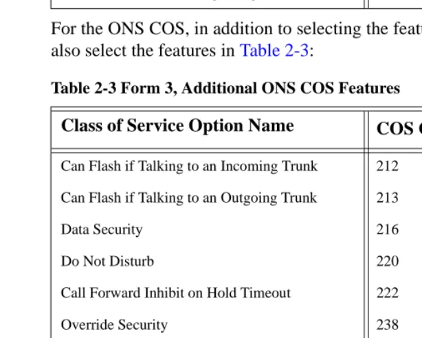 Table 2-3 Form 3, Additional ONS COS Features