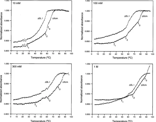 FIG. 4. Normalized absorbance at 260 nm versus temperature for transcript RNA containing the 98-base element (�terminal 3mM, and 1 M NaCl