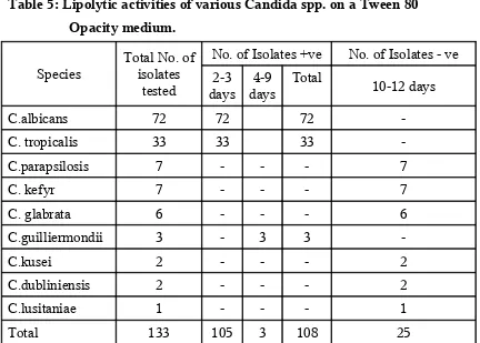 Table 5: Lipolytic activities of various Candida spp. on a Tween 80     
