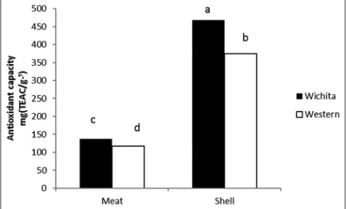 Fig 1. Total phenol concentration in the edible part and shell of the two pecan varieties studied