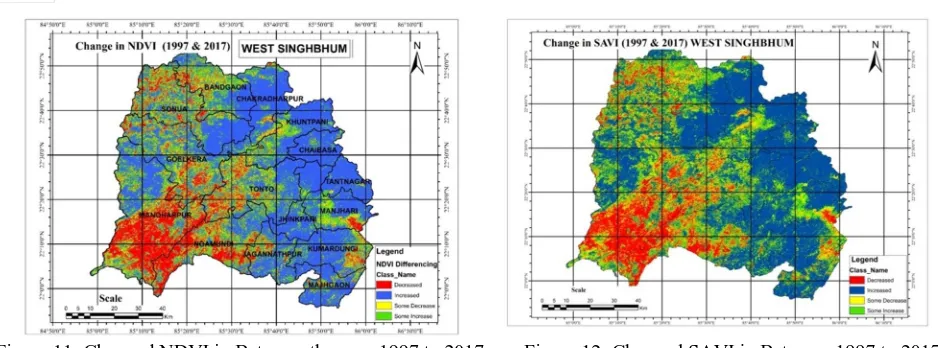 Fig-13: Map showing change in the Dense vegetation cover of 1997 to 2017    Figure 14: Map showing change in Light vegetation cover of 1997 to 2017 