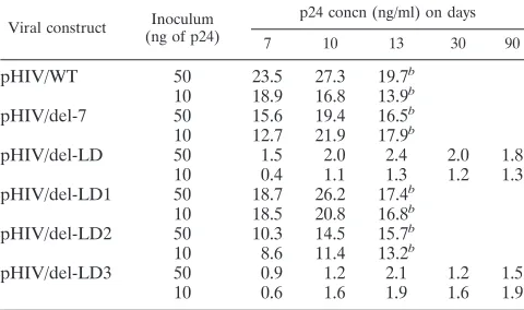 FIG. 2. Viral replication capacities of various constructs. Cell-free virusesharvested from COS-7 cells transfected with various molecular constructs (72 h
