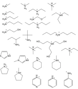 Fig. 1 Structures of the protic cations used with the acetate anion to form the PILs studied.