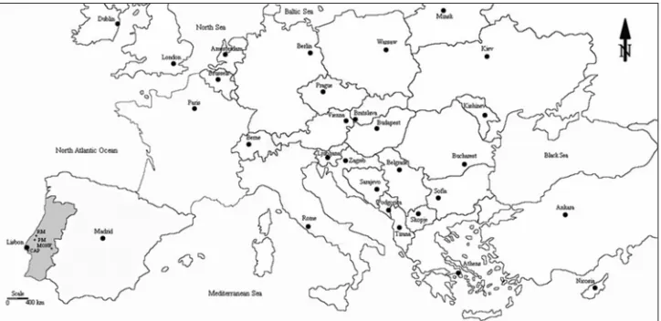 Fig 1. Map of Mainland Portugal in Europe, showing sampling locations: PM (Porto de Mós), RM (Rio Maior), MONF (Monforte), CAP (Caparica).