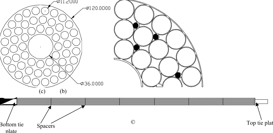 Fig 1. (a) cross section of the bare bundle showing the central rod, fuel pins and channel inside diameter, (b) ¼th sector of cross section of spacer, (c) Schematic of fuel cluster of AHWR 