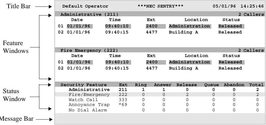 Figure 2-3, “NEC Sentry main screen” on page 5 illustrates the default Sentry Alarm Control Terminal screen layout.