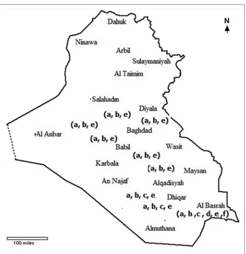 Fig 1. Map of Iraq showing the dispersal of date palm borers in Iraq. (a) Phonapate frontalis, (b) Jebusaea hammerschmidtii, (c) Oryctes elegans, (d) Oryctes agamemnon, (e) Orycte agamemnon arabicus, (f) Orycte agamemnon matthiesseni.