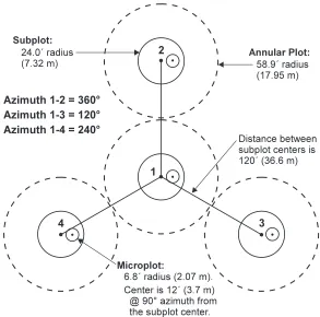 Figure 1.2—The mapped plot design used by the Forest Inventory and Analysis Program of the Forest Service, U.S