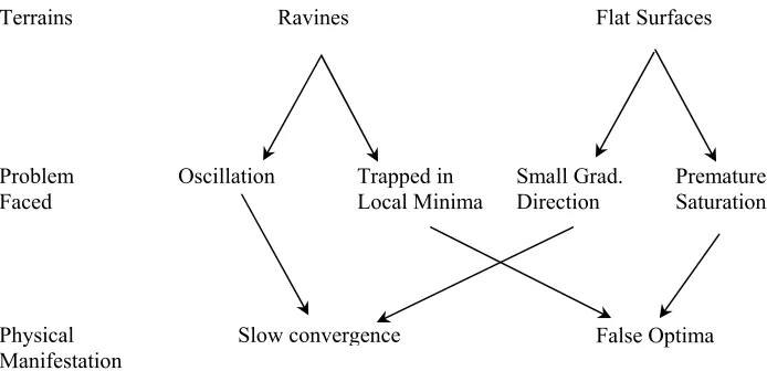 Figure 2.4:  The schematics of the problems faced by gradient descent algorithms. 