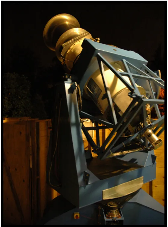 Figure 2.2: Fully operational Bicep cryostat and mount, during test observing in Pasadena, CA prior to deployment
