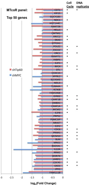 Figure 2: Repression of the top 50 genes from the MTcoR panel by shMYC and shTip60. MB231 cells were transduced in triplicate with shGFP (as control), shMYC(1), shMYC(2), shTip60(1) or shTip60(2) and selected with puromycin for two days