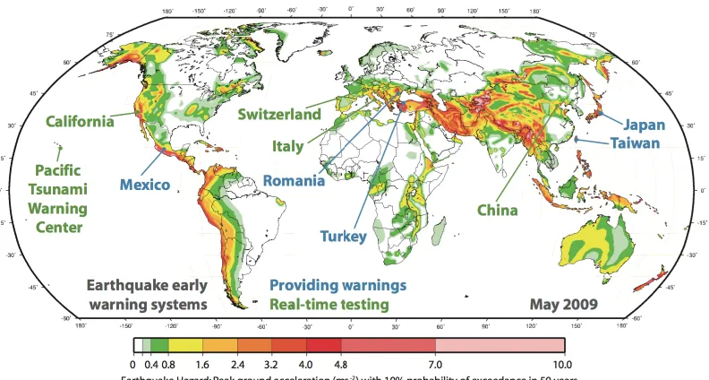 Figure 1.1 Seismic hazard map and countries where EEW is in operation or being tested under development by May 2009 (Allen, Gasparini, et al