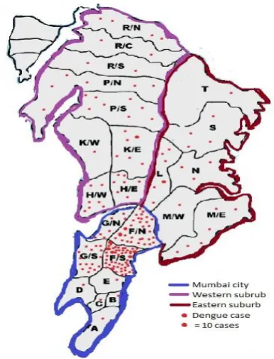 Figure 6: Spot map for dengue cases reported between 2011 and 2015. Source of outline map: IDSP Control room, KEM Hospital