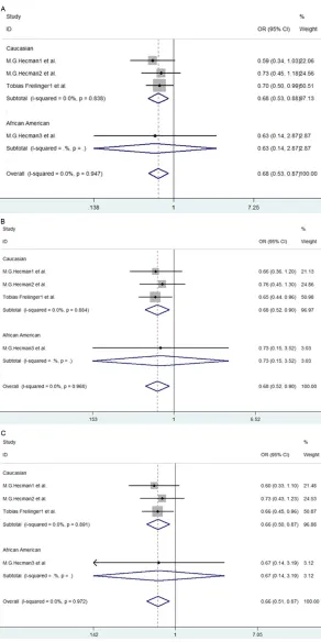 Figure 4. Forest plot for association between PSMA6 rs1048990 and risk of large vessel disease based on TOAST classification in allele (A), heterozygous (B), and dominant (C) model.
