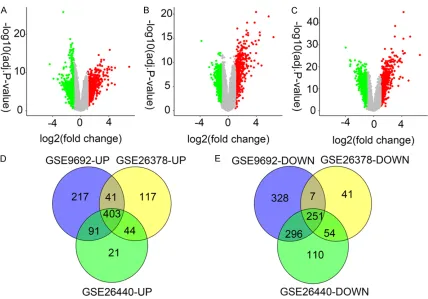Figure 1. Volcano plots of three GEO datasets and Venn diagrams of the DEG screening. A