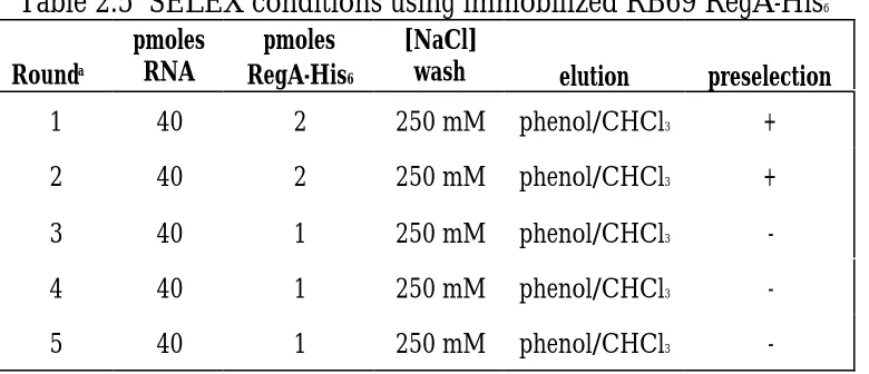 Table 2.5  SELEX conditions using immobilized RB69 RegA-HispmolesRNA