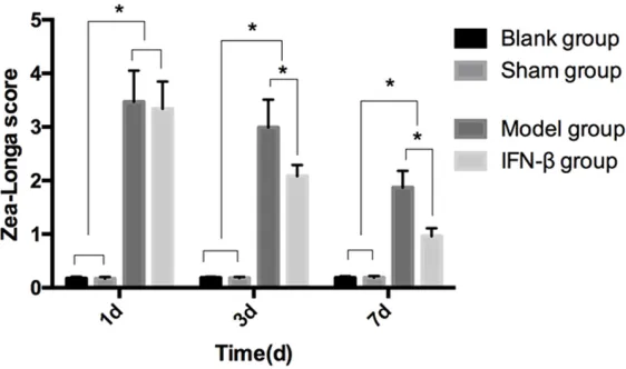 Figure 3. Comparisons of the Zea-Longa scores at different time points among the four groups