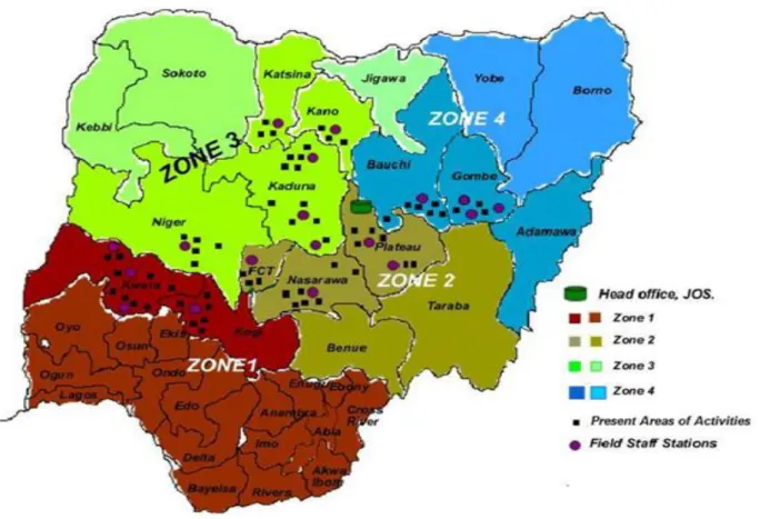 Figure  4.1:  A  map  illustrating  the  operational  zones  of  the  POD  programmes  (People  Oriented Development of ECWA, 2013) 