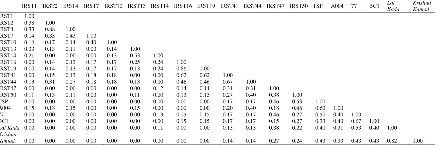 Table 4. Similarity matrix of rice genotypes based on INDEL markers.