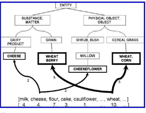 Figure 1A small text represented as a collection of weighted nodes in a fragment of WordNet.