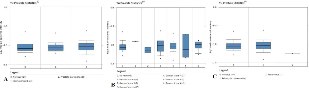 Figure 1: Overexpression of YY1 in prostate cancer in datasets by Singh et al [83]. Analysis of data for prostate cancer; 102 surgical specimens from radical prostatectomy were used for data analysis