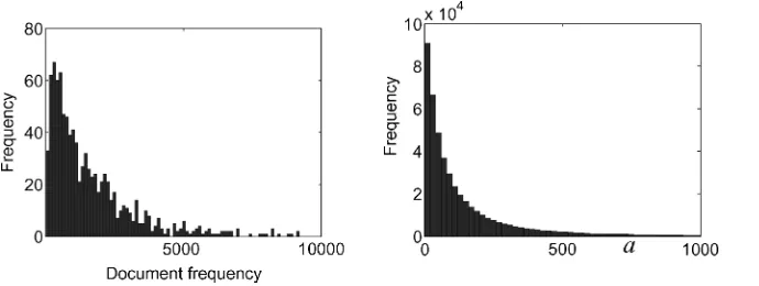 Figure 6Large data set: histograms of document frequencies, df (left), and co-occurrences, a (right)