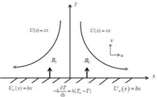 Figure 1  Schematic diagram of the two-dimensional stretching sheet 