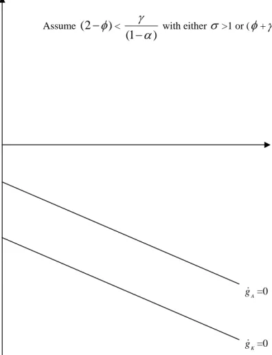 Figure 5. Phase diagram for the dynamics of the growth rate of capital and technology 