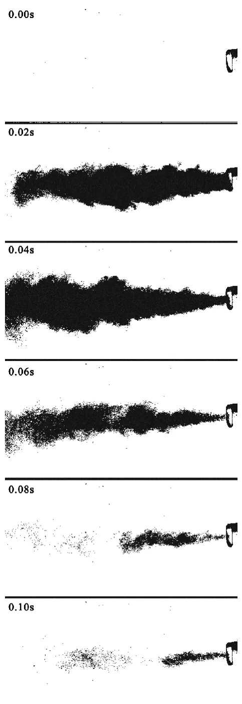 Fig 1.  High speed images of a puff taken from a salbutamol HFA-134a  pMDI. These images were treated with greyscale and inverted colors after application of a threshold filter for easier visualization of the plume