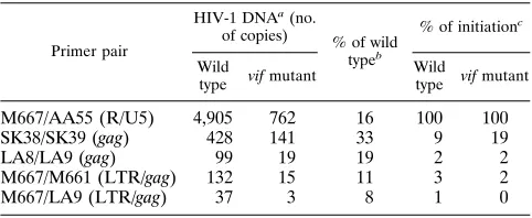 TABLE 1. Quantitative PCR ampliﬁcation of HIV-1 DNAsynthesized in the endogenous RT reaction of wild-typeand vif mutant virions