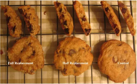 Figure 3. Picture of top and side cut of the three chocolate chip cookies. The picture shows slight differences in color, appearance, and texture with respect of replacing the fat with applesauce.