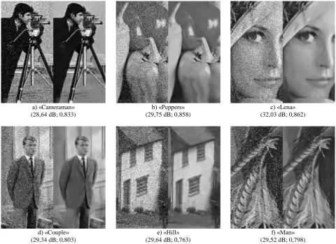 Fig. 4. Fragments of AWGN-noised (25) (left) and reconstructed (right) images, obtained using the parallel processing scheme (Fig