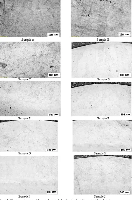 Figure 7: The macrostructure of the samples A to J showing the deposit layer and the substrate  