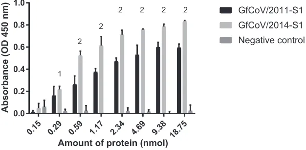 FIG 3 Binding of GfCoV S1 to the enteric coronavirus glycan receptor diLacNAc. Concentration-domain of the S1 protein of IBV strain M41 was used as a negative control (10)