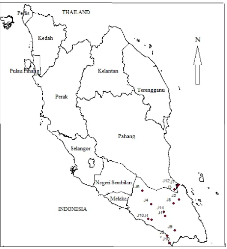 Figure 1: Location of the rain gauge stations in Johor used in the study  