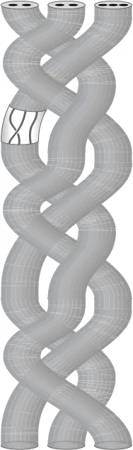 Figure 2.1: Illustration of a tubular braid with non-trivial braiding within atube. This braid is equivalent to a product of tubular braids with trivial inte-rior braiding, followed by a product of interior braids with trivial braidingbetween tubular braids.