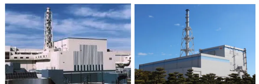Figure 1:  Stack Structures at Kashiwazaki-Kariwa & Tokai Daini NPPs (photos extracted from www.alamy.com) 