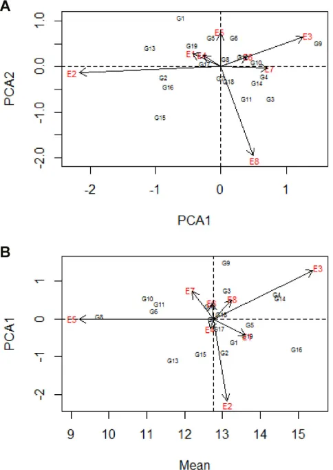 Figure 3. Graphical representation of the scores of A. AMMI1 (PCA1 vs TPH) and B. AMMI2 (PCA1 vs PCA2) models for the TPH variable in the mean of the two harvests of 19 genotypes evaluated in eight environments in the 2009/2010 crop.